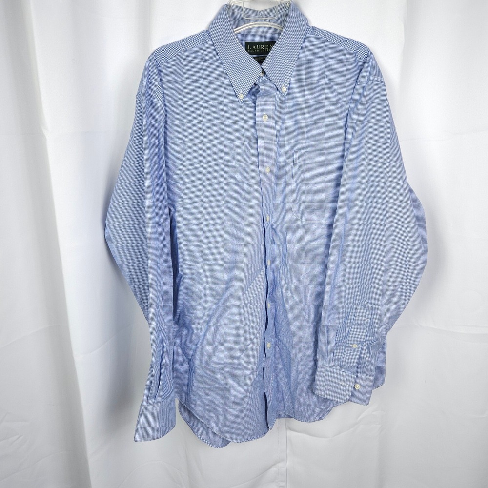 Lauren Ralph Lauren Blue White Plaid Dress‎ Shirt Mens 17 34/35 Non Iron